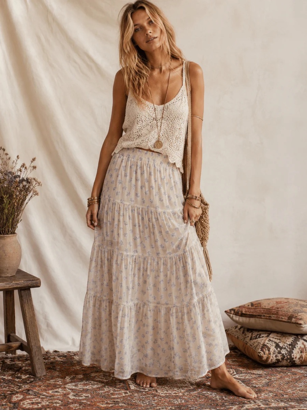 209 • Boho Tiered Maxi Skirt in Cream with Delicate Blue Floral Print